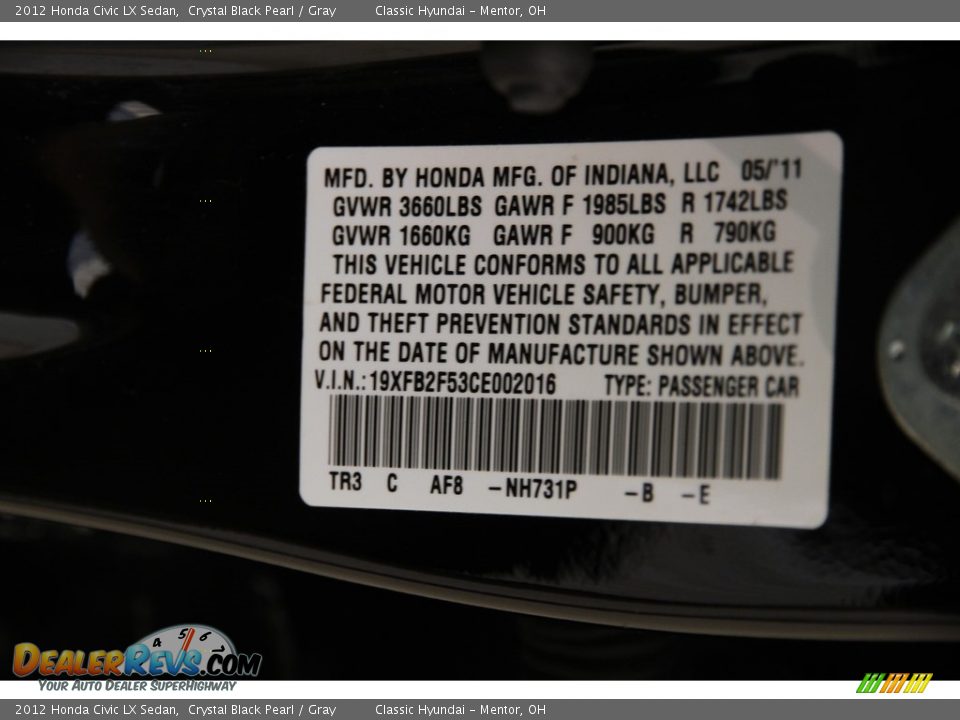 2012 Honda Civic LX Sedan Crystal Black Pearl / Gray Photo #16