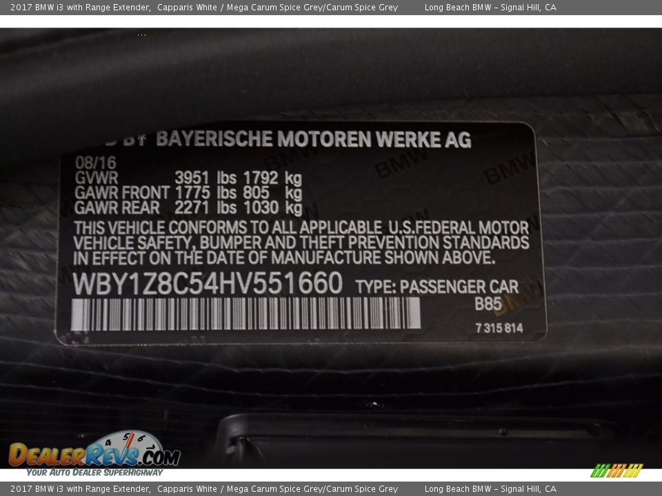 2017 BMW i3 with Range Extender Capparis White / Mega Carum Spice Grey/Carum Spice Grey Photo #15