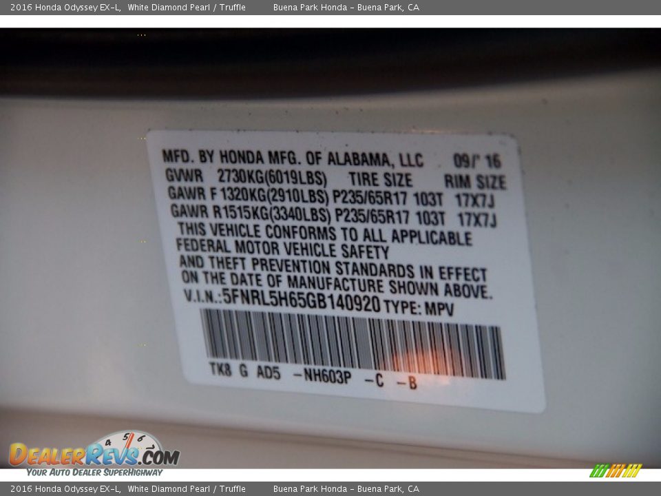 2016 Honda Odyssey EX-L White Diamond Pearl / Truffle Photo #25