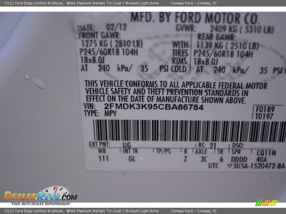2012 Ford Edge Limited EcoBoost White Platinum Metallic Tri-Coat / Medium Light Stone Photo #13