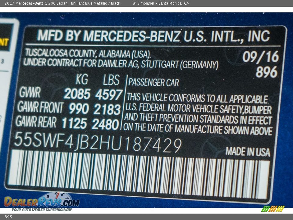 Mercedes-Benz Color Code 896 Brilliant Blue Metallic