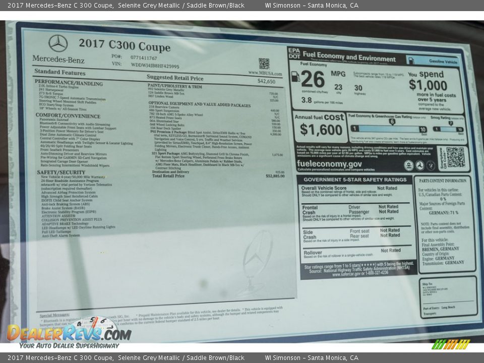 2017 Mercedes-Benz C 300 Coupe Window Sticker Photo #11