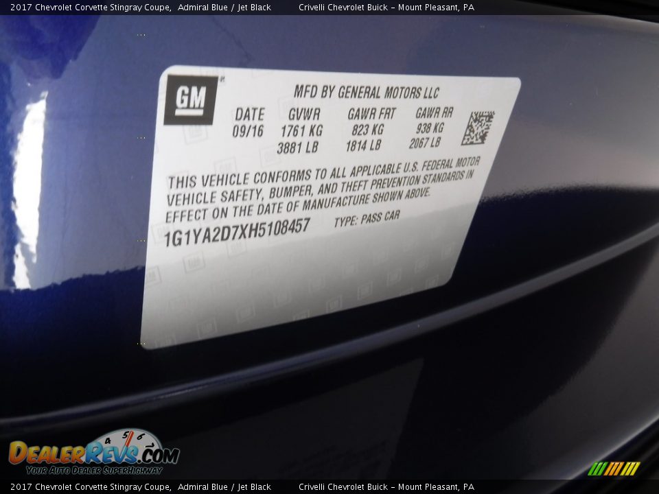 2017 Chevrolet Corvette Stingray Coupe Admiral Blue / Jet Black Photo #32