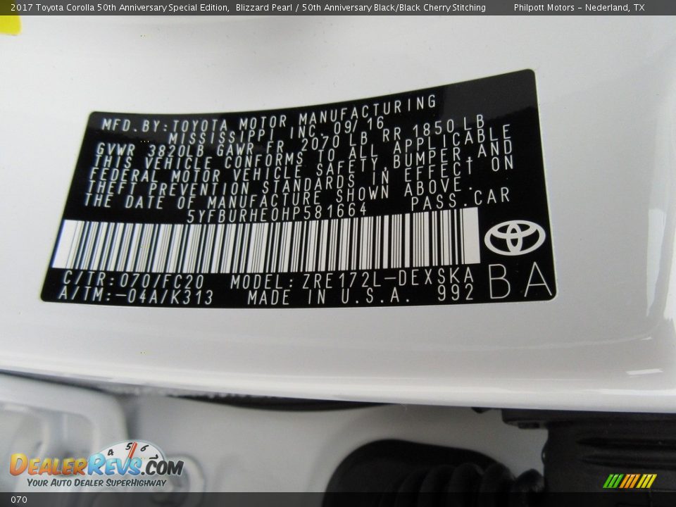 Toyota Color Code 070 Blizzard Pearl