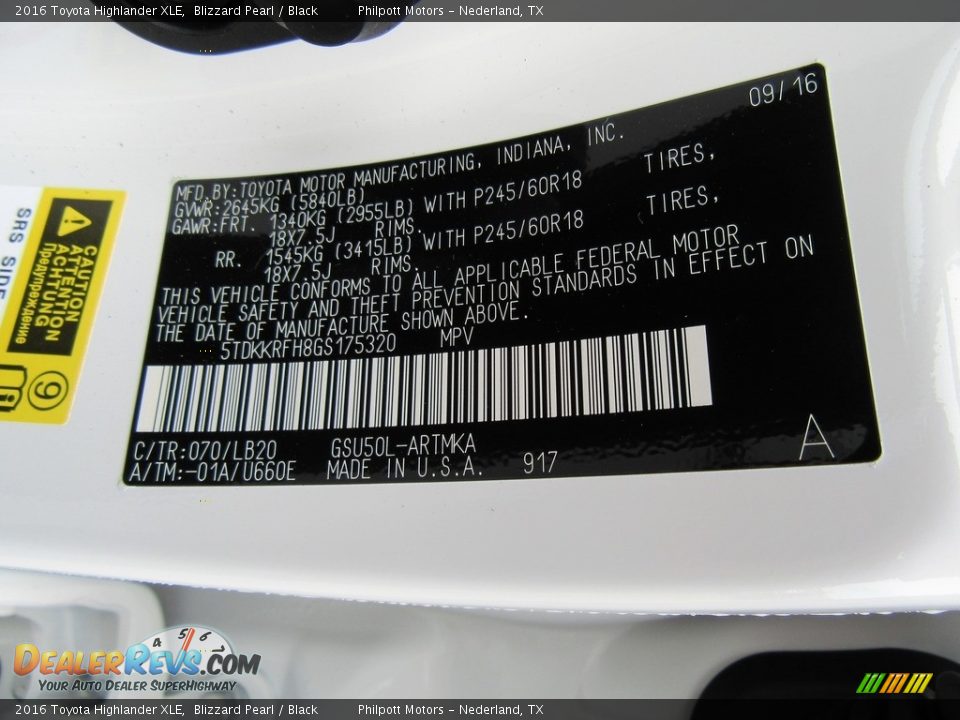 2016 Toyota Highlander XLE Blizzard Pearl / Black Photo #35