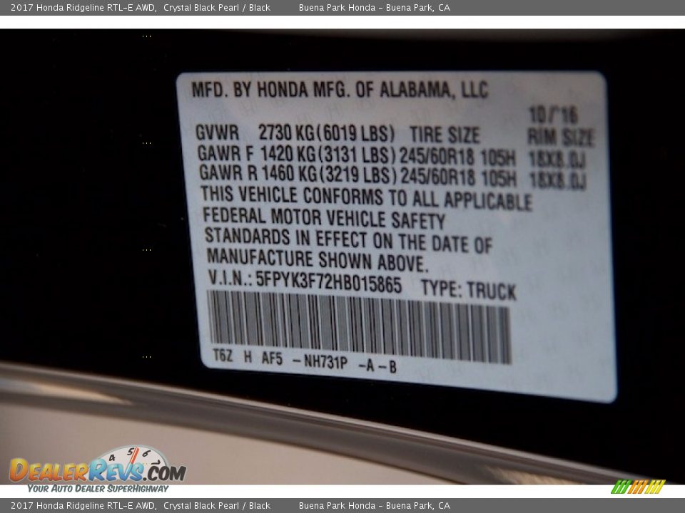 2017 Honda Ridgeline RTL-E AWD Crystal Black Pearl / Black Photo #19