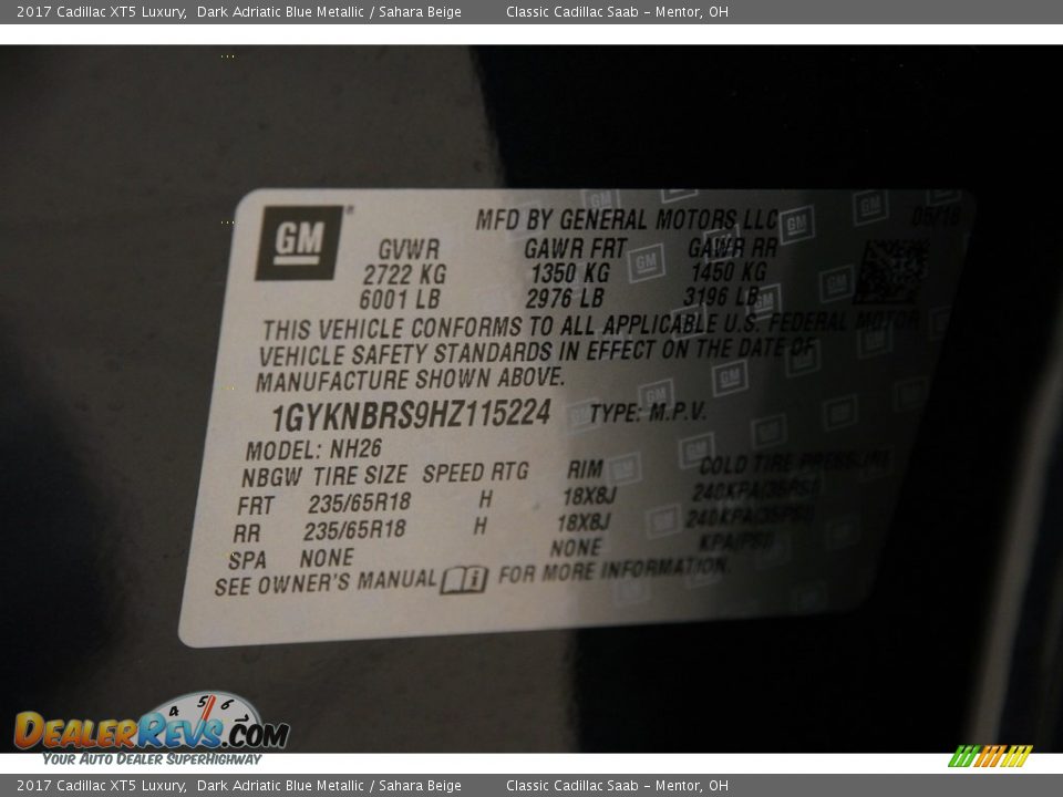 2017 Cadillac XT5 Luxury Dark Adriatic Blue Metallic / Sahara Beige Photo #18