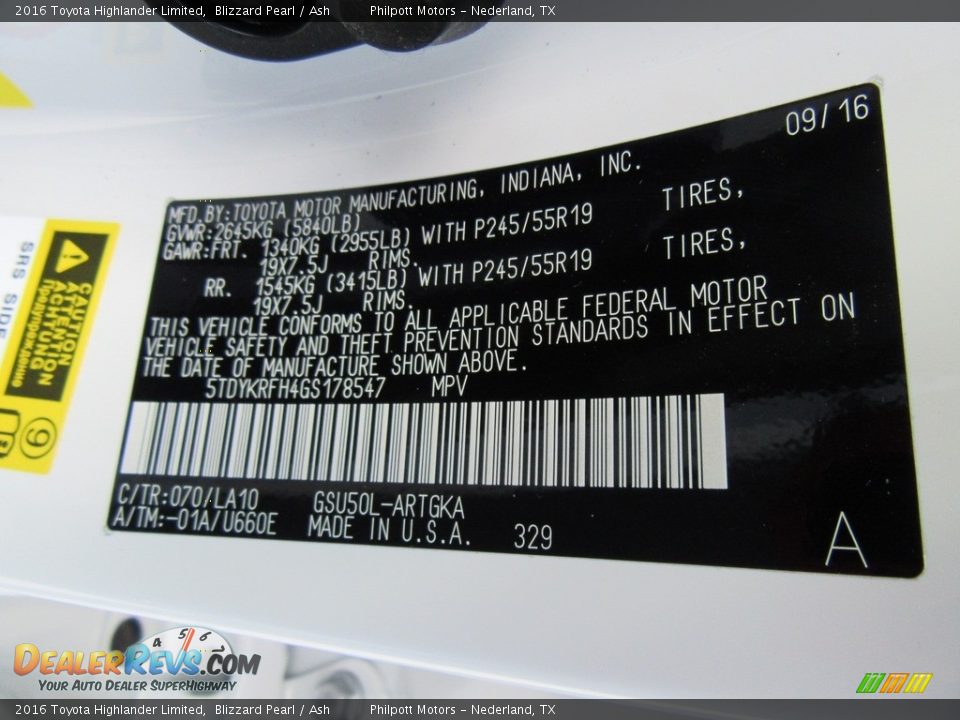 2016 Toyota Highlander Limited Blizzard Pearl / Ash Photo #36