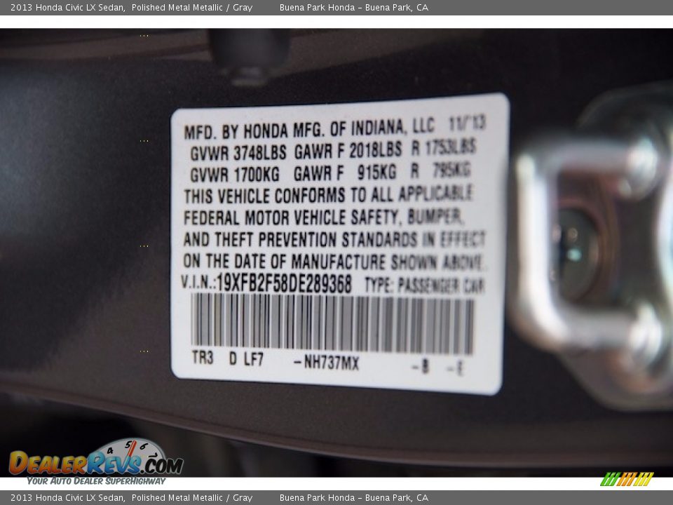2013 Honda Civic LX Sedan Polished Metal Metallic / Gray Photo #31