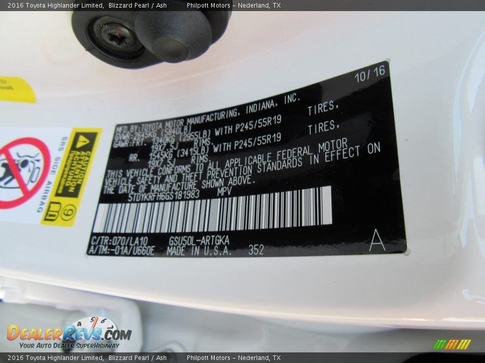 2016 Toyota Highlander Limited Blizzard Pearl / Ash Photo #36