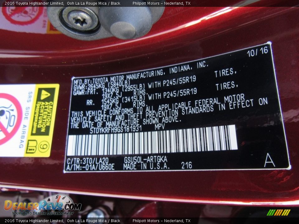 2016 Toyota Highlander Limited Ooh La La Rouge Mica / Black Photo #35