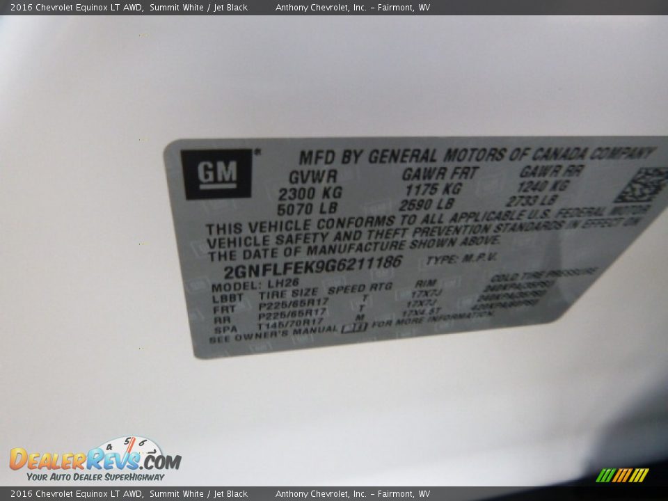 2016 Chevrolet Equinox LT AWD Summit White / Jet Black Photo #15