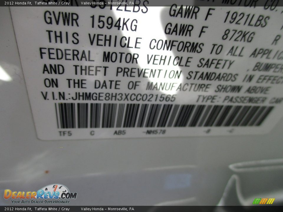 2012 Honda Fit Taffeta White / Gray Photo #19