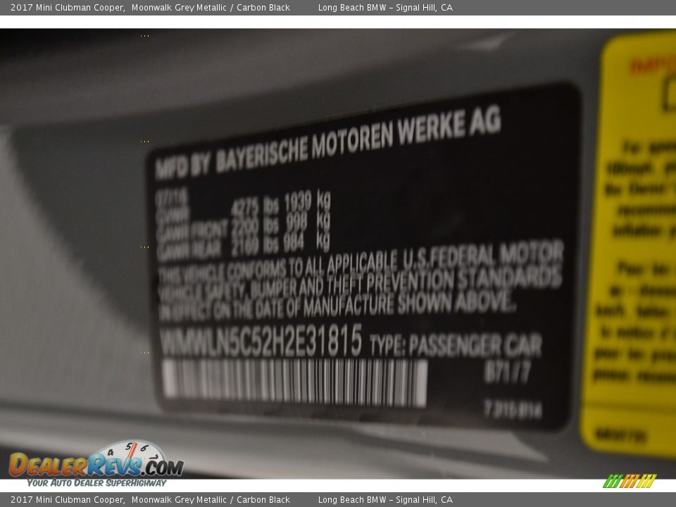 2017 Mini Clubman Cooper Moonwalk Grey Metallic / Carbon Black Photo #15
