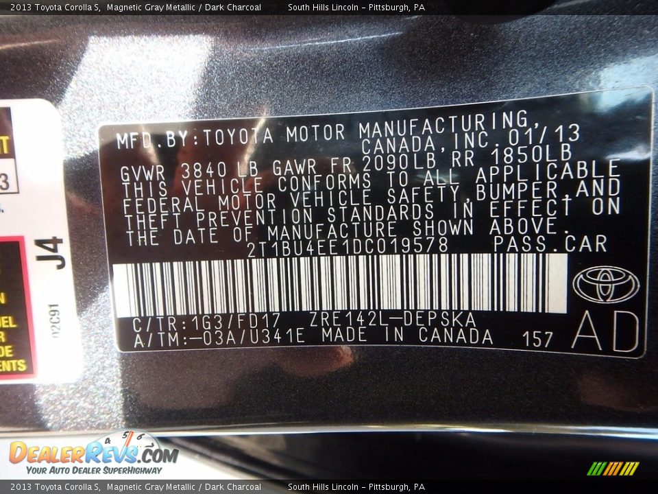 2013 Toyota Corolla S Magnetic Gray Metallic / Dark Charcoal Photo #24