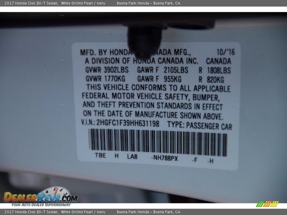 2017 Honda Civic EX-T Sedan White Orchid Pearl / Ivory Photo #20