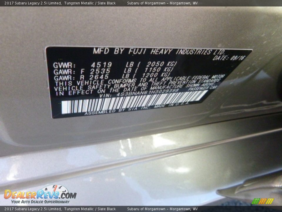 2017 Subaru Legacy 2.5i Limited Tungsten Metallic / Slate Black Photo #16