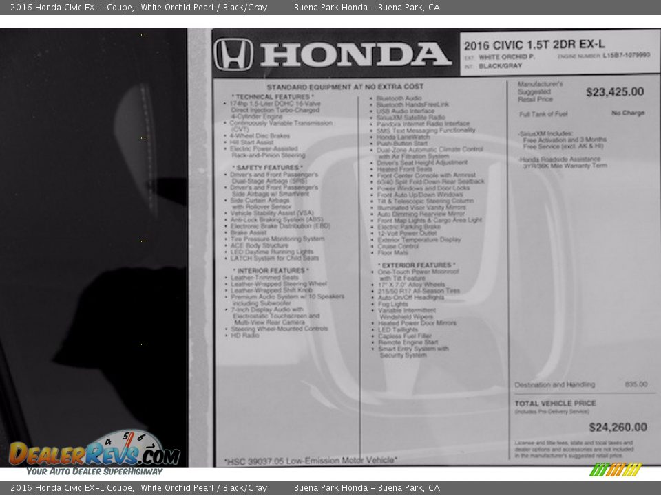 2016 Honda Civic EX-L Coupe White Orchid Pearl / Black/Gray Photo #16