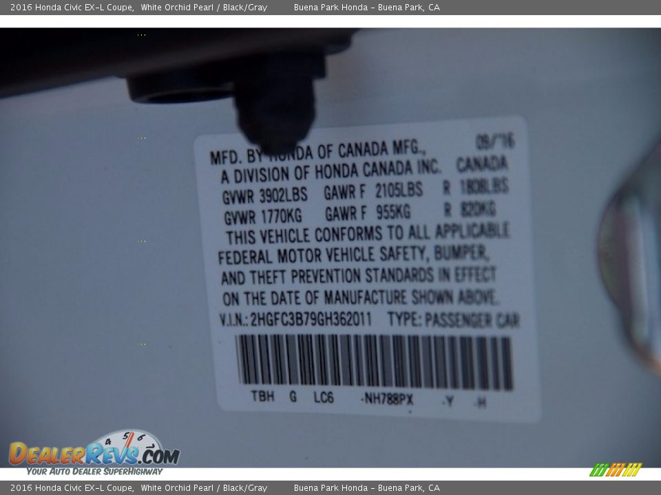 2016 Honda Civic EX-L Coupe White Orchid Pearl / Black/Gray Photo #18