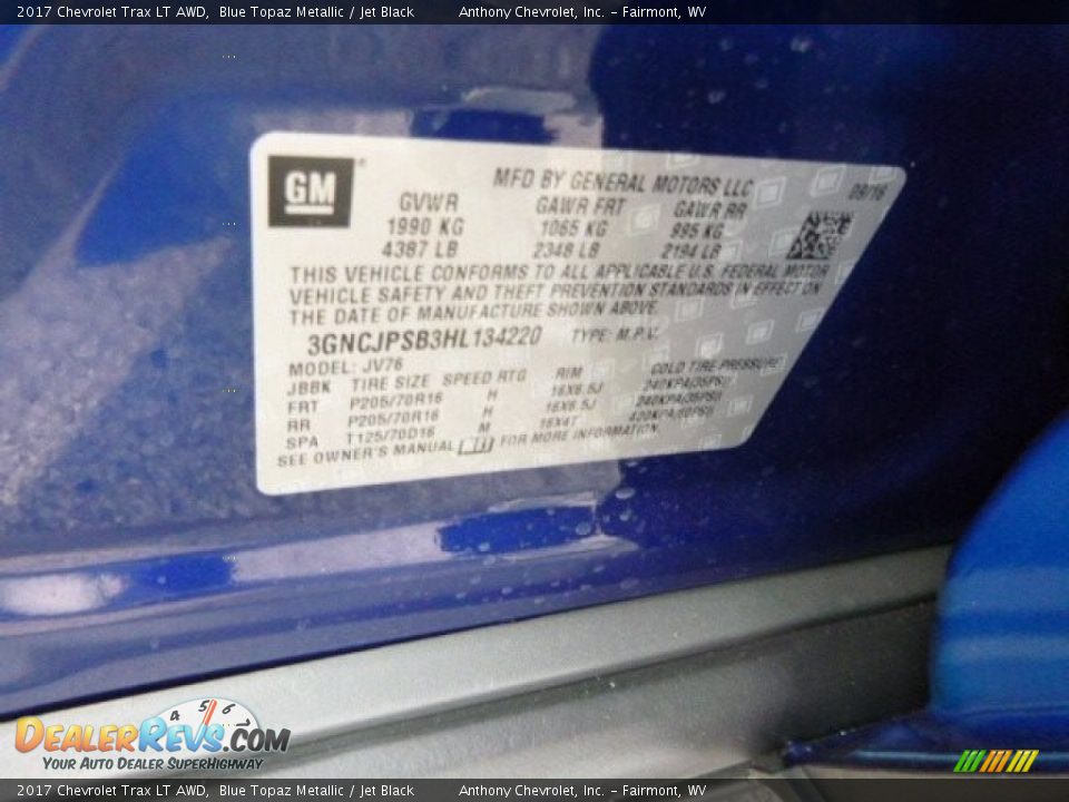 2017 Chevrolet Trax LT AWD Blue Topaz Metallic / Jet Black Photo #15