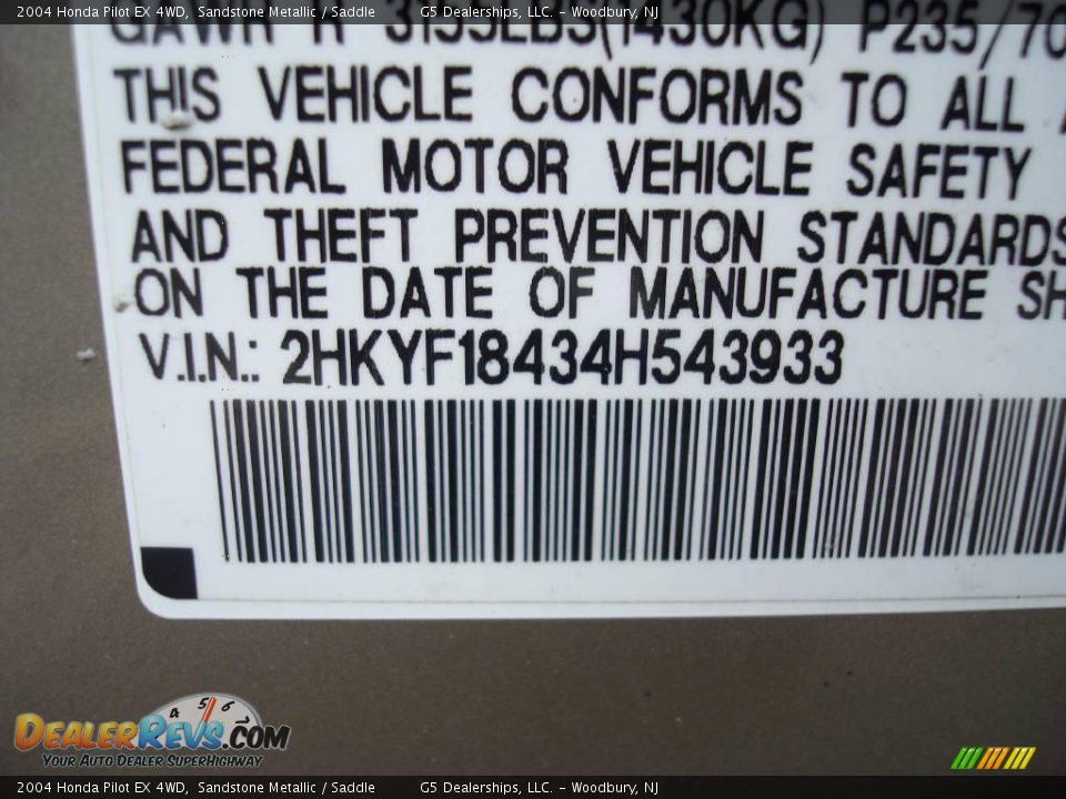2004 Honda Pilot EX 4WD Sandstone Metallic / Saddle Photo #28