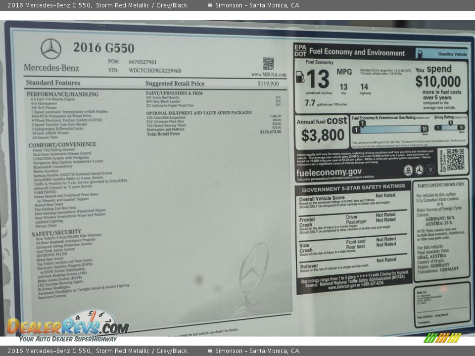 2016 Mercedes-Benz G 550 Storm Red Metallic / Grey/Black Photo #11