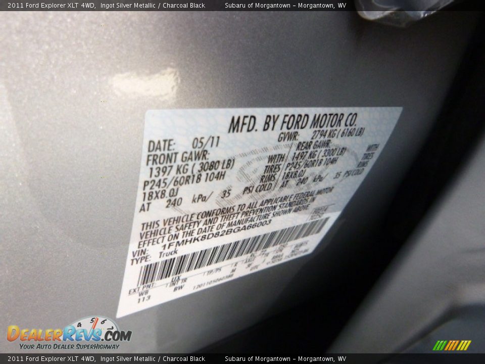 2011 Ford Explorer XLT 4WD Ingot Silver Metallic / Charcoal Black Photo #17