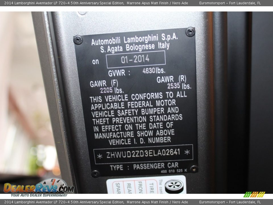 Info Tag of 2014 Lamborghini Aventador LP 720-4 50th Anniversary Special Edition Photo #22