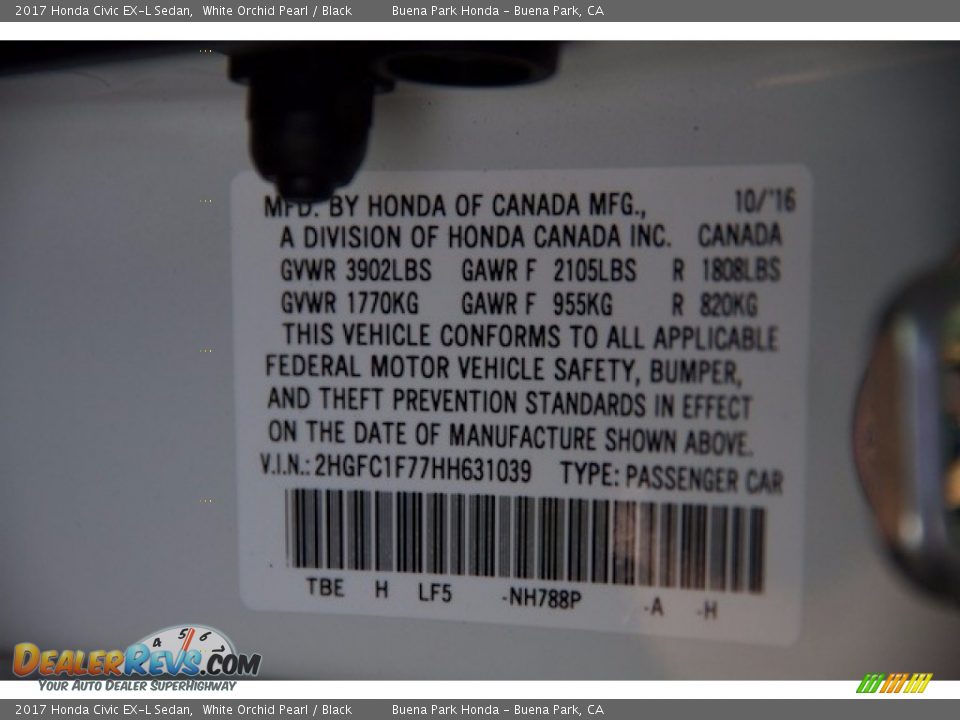 2017 Honda Civic EX-L Sedan White Orchid Pearl / Black Photo #18