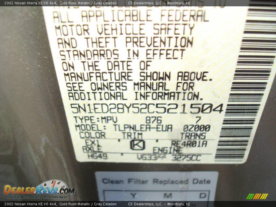 2002 Nissan Xterra XE V6 4x4 Gold Rush Metallic / Gray Celadon Photo #25