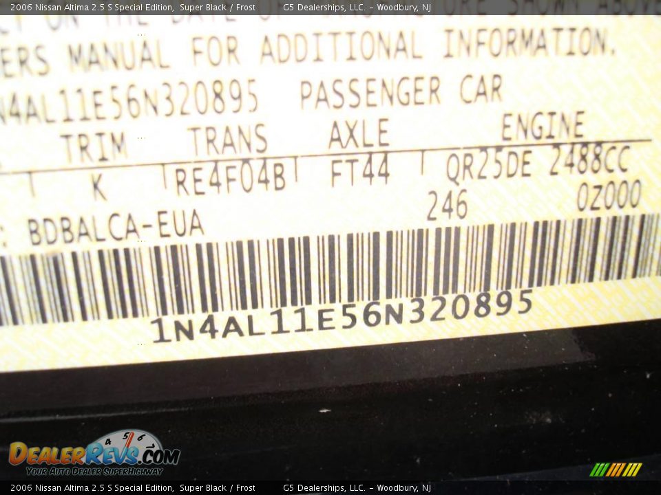 2006 Nissan Altima 2.5 S Special Edition Super Black / Frost Photo #27