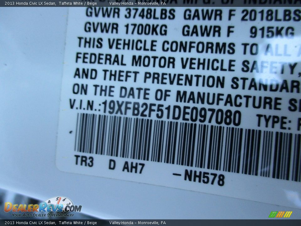 2013 Honda Civic LX Sedan Taffeta White / Beige Photo #19