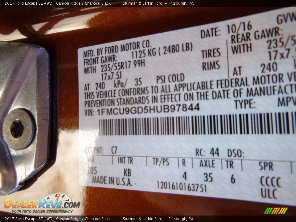 2017 Ford Escape SE 4WD Canyon Ridge / Charcoal Black Photo #11