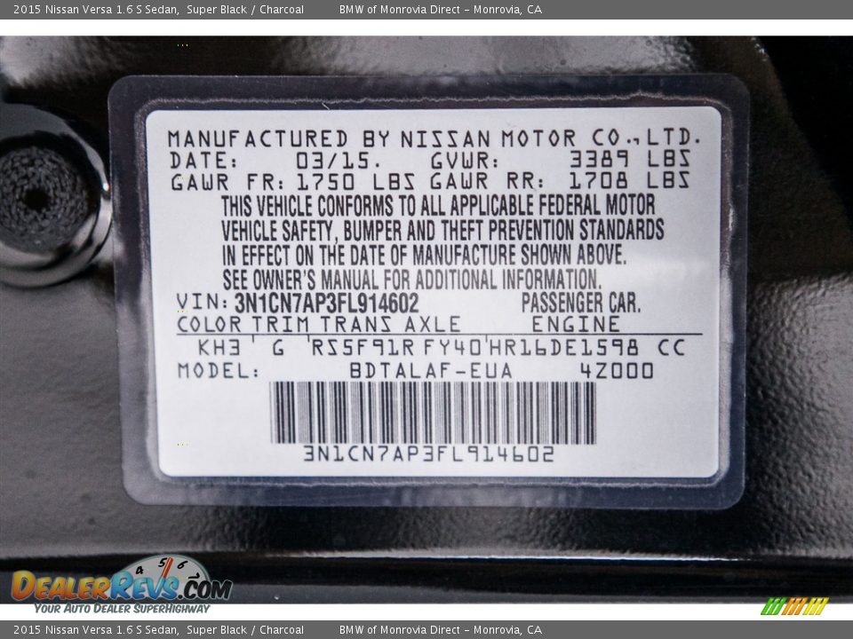 2015 Nissan Versa 1.6 S Sedan Super Black / Charcoal Photo #20