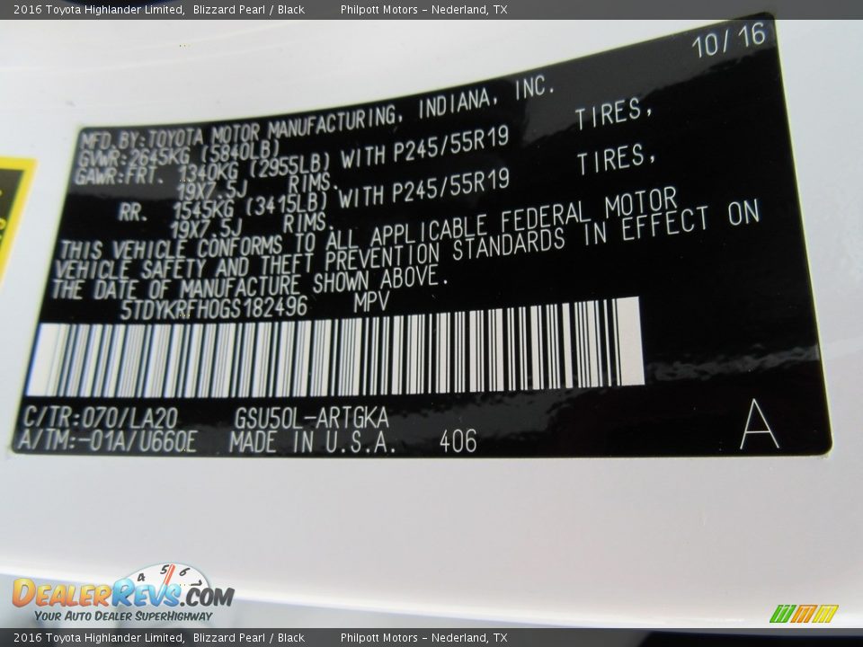 2016 Toyota Highlander Limited Blizzard Pearl / Black Photo #36