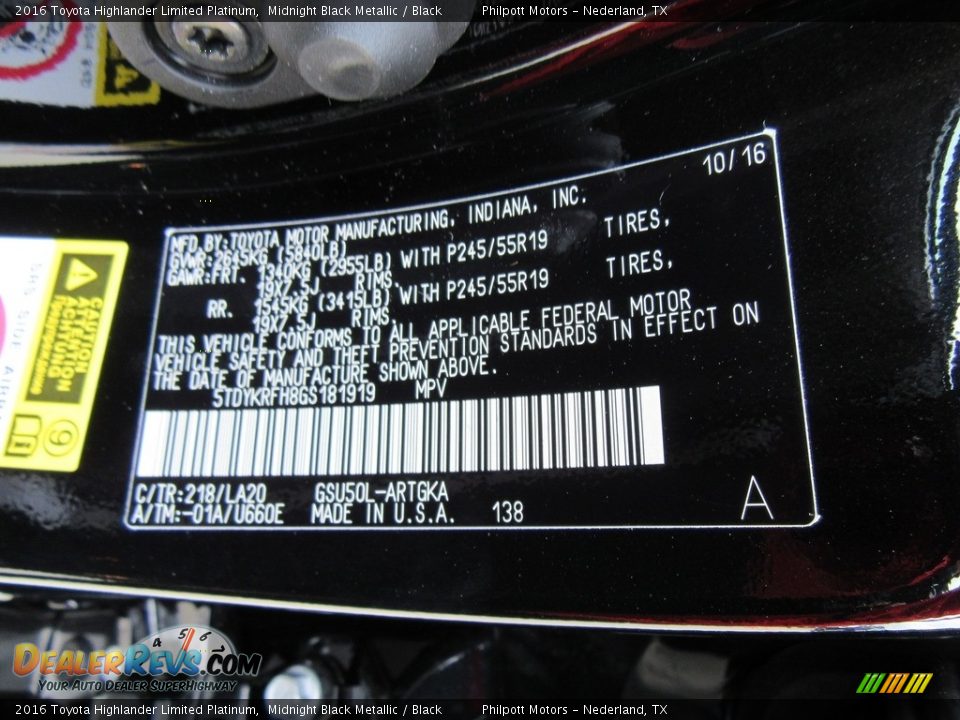 2016 Toyota Highlander Limited Platinum Midnight Black Metallic / Black Photo #36