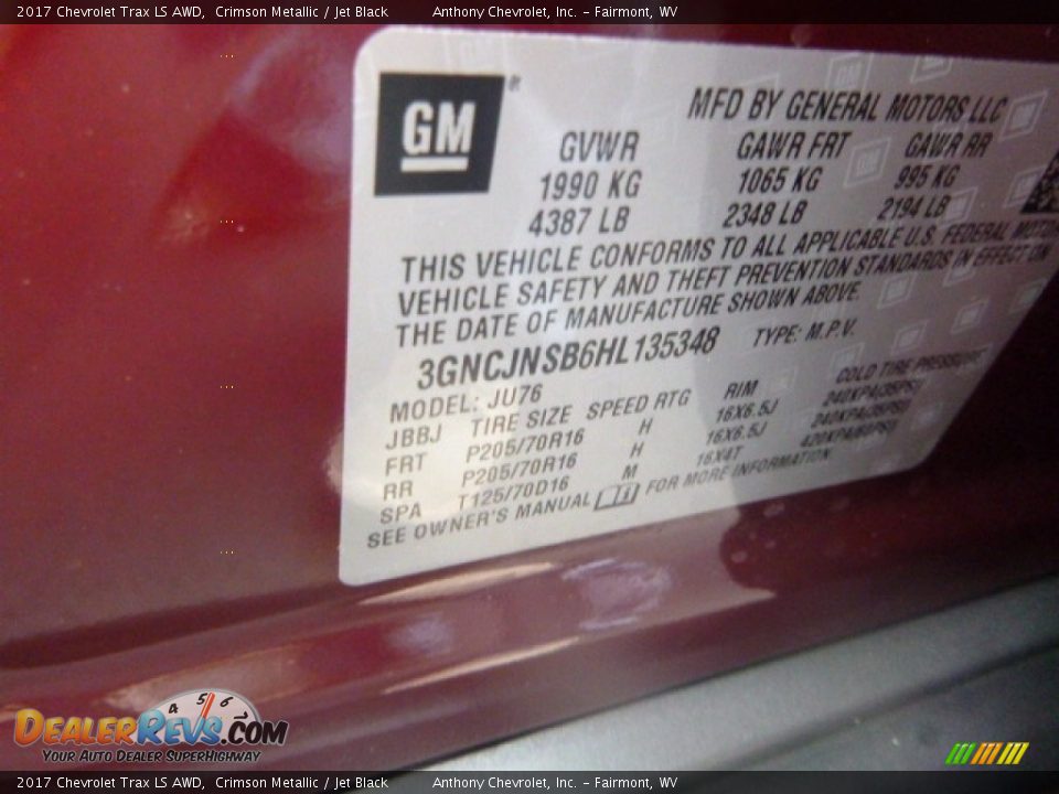 2017 Chevrolet Trax LS AWD Crimson Metallic / Jet Black Photo #12