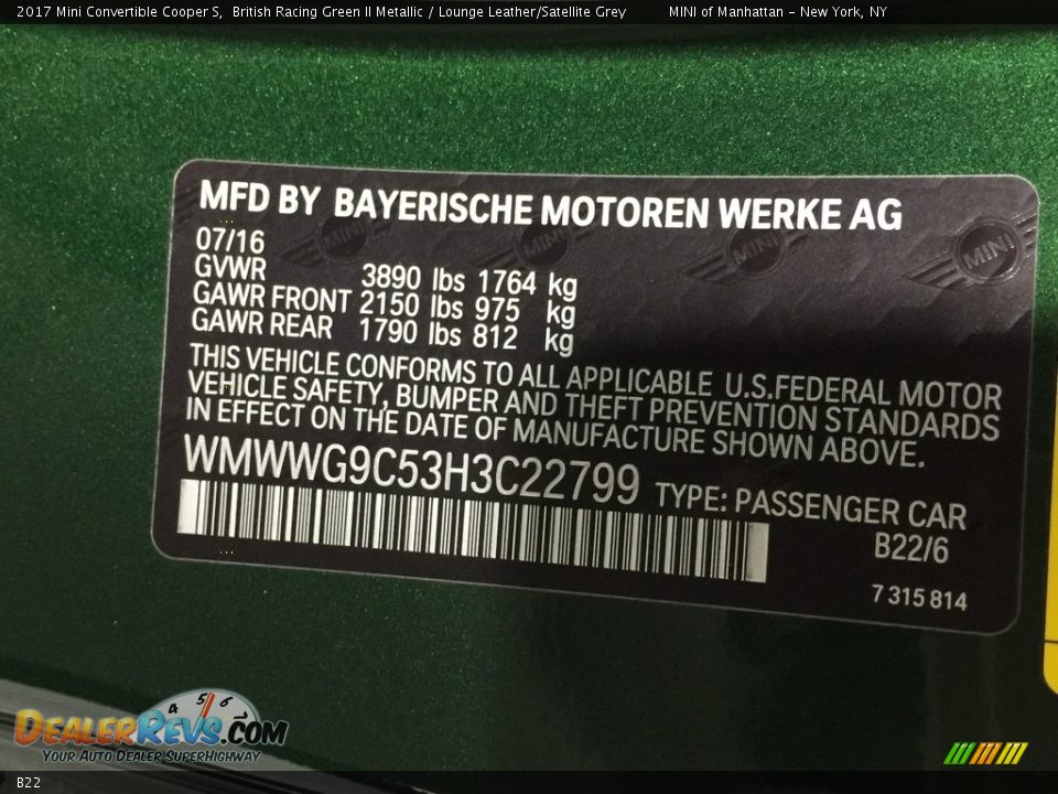 Mini Color Code B22 British Racing Green II Metallic