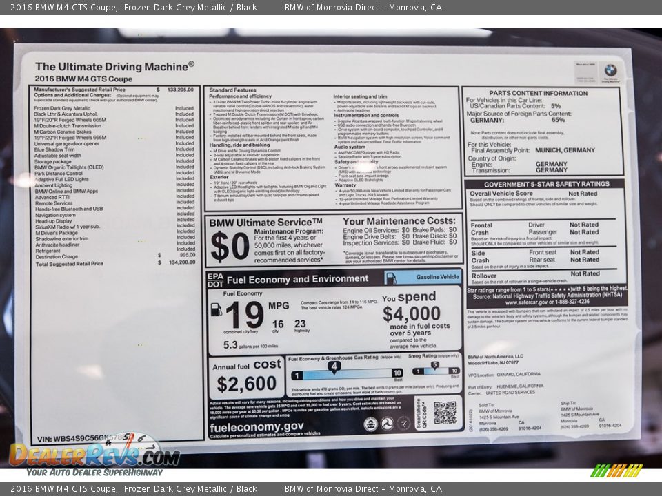 2016 BMW M4 GTS Coupe Window Sticker Photo #11