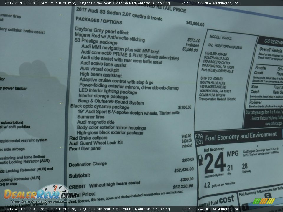 2017 Audi S3 2.0T Premium Plus quattro Daytona Gray Pearl / Magma Red/Anthracite Stitching Photo #10