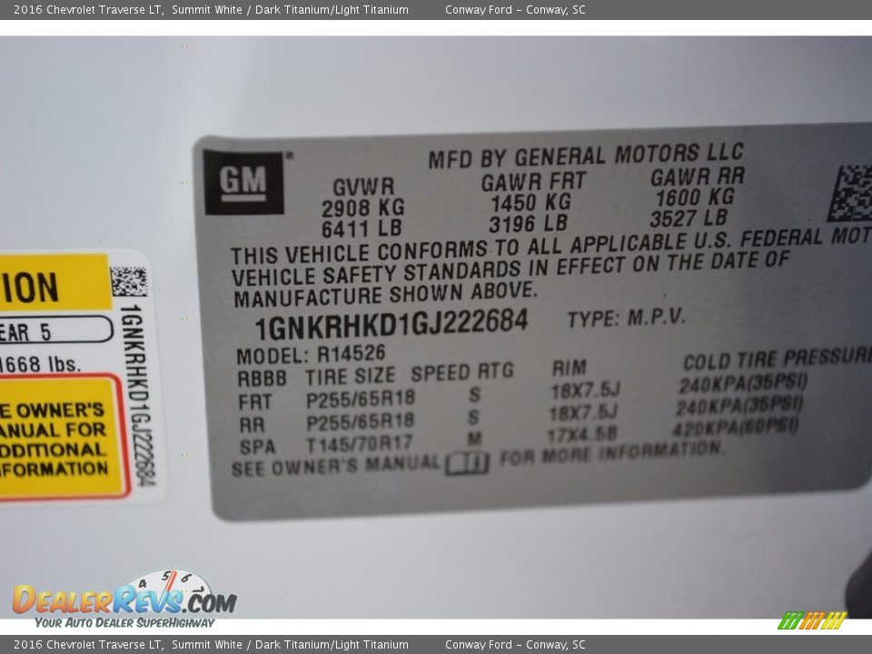 2016 Chevrolet Traverse LT Summit White / Dark Titanium/Light Titanium Photo #11