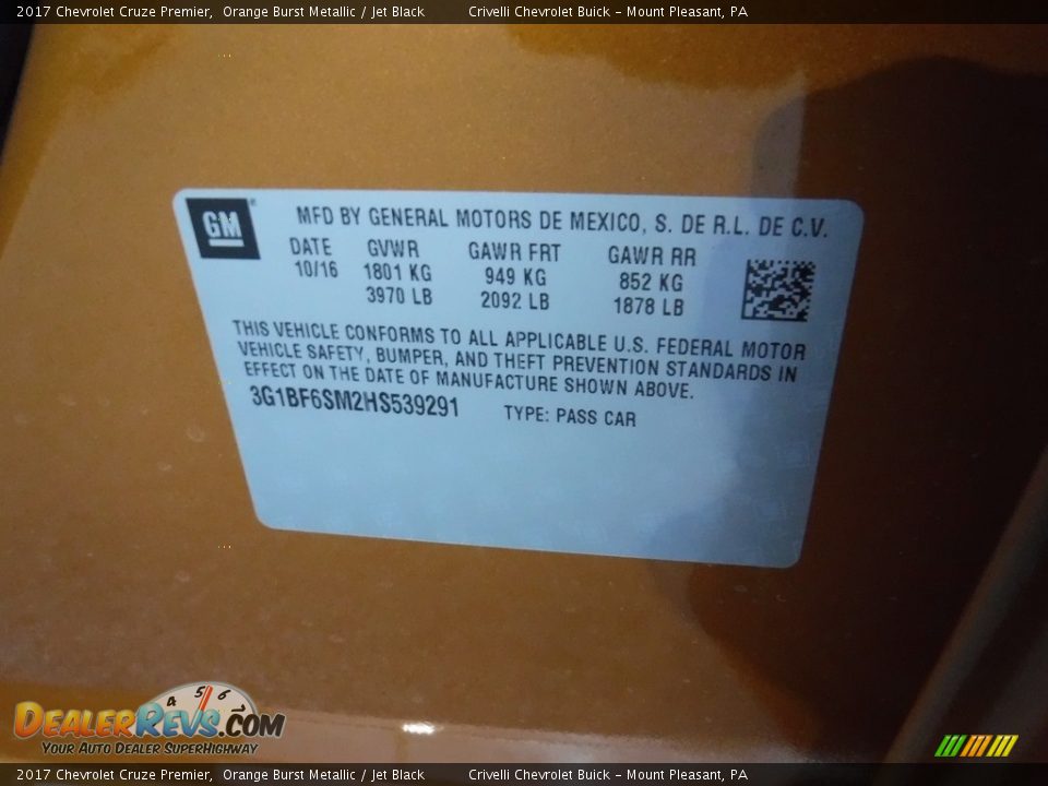 2017 Chevrolet Cruze Premier Orange Burst Metallic / Jet Black Photo #30