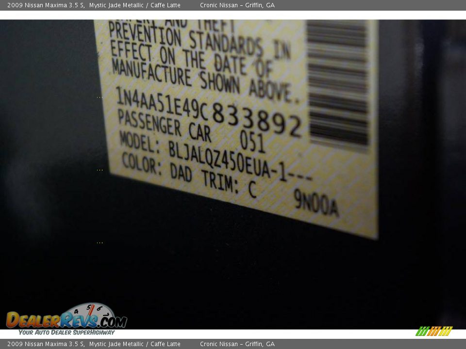 2009 Nissan Maxima 3.5 S Mystic Jade Metallic / Caffe Latte Photo #24