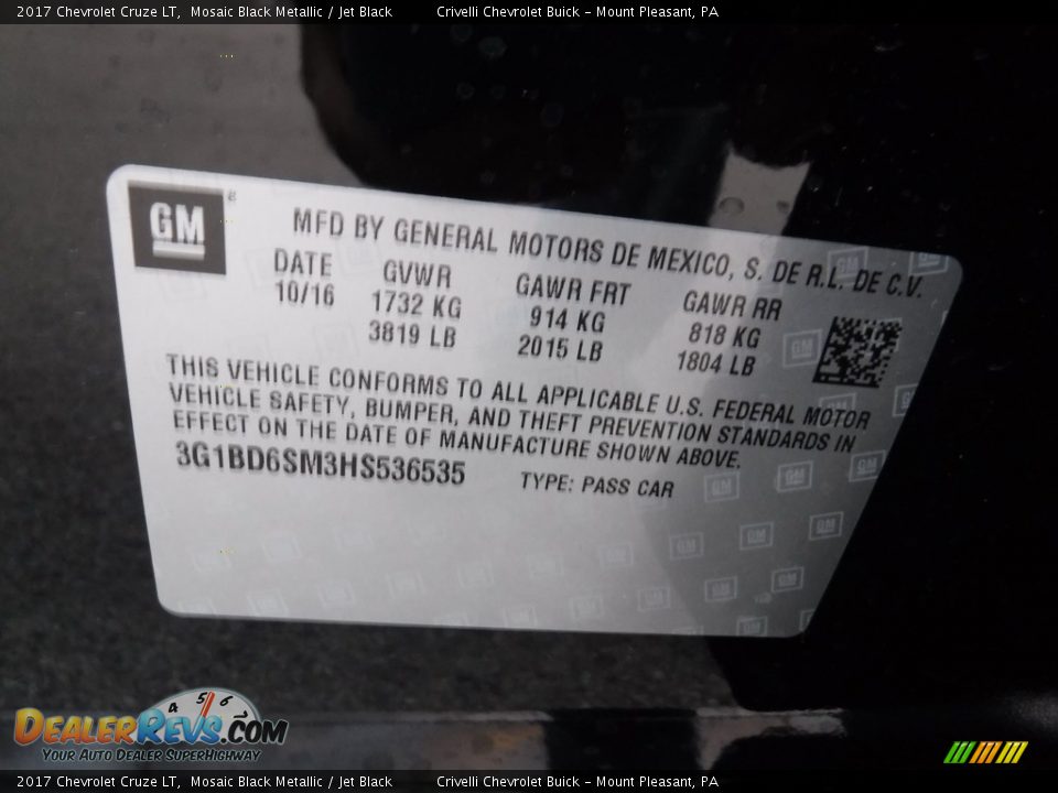 2017 Chevrolet Cruze LT Mosaic Black Metallic / Jet Black Photo #27