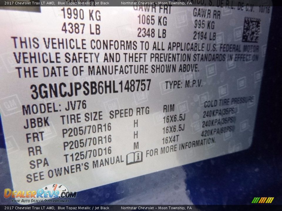 2017 Chevrolet Trax LT AWD Blue Topaz Metallic / Jet Black Photo #16