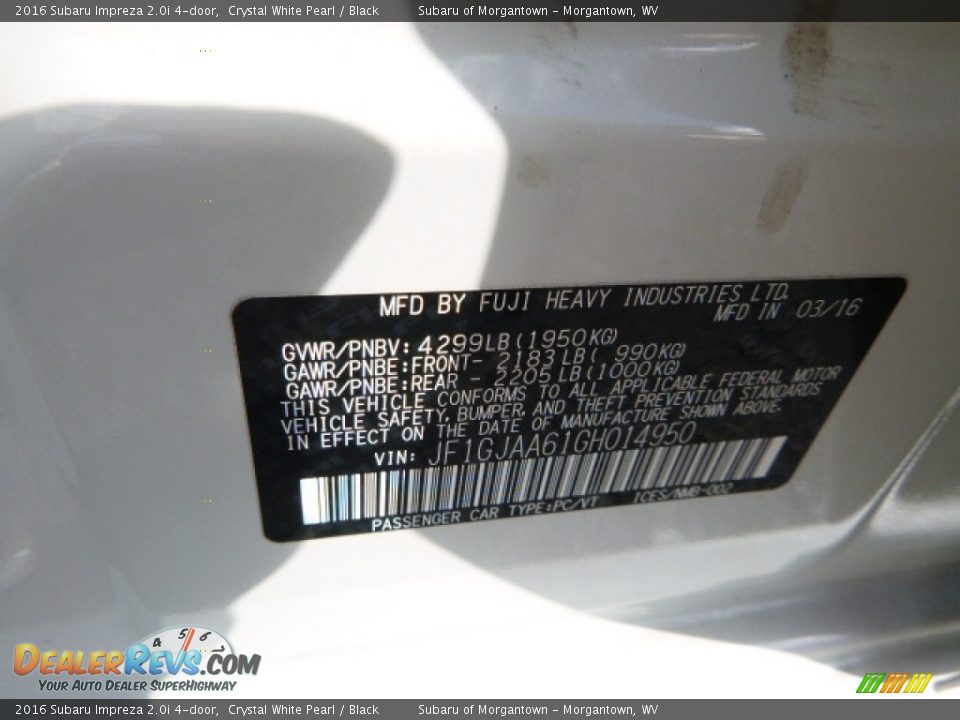 2016 Subaru Impreza 2.0i 4-door Crystal White Pearl / Black Photo #15