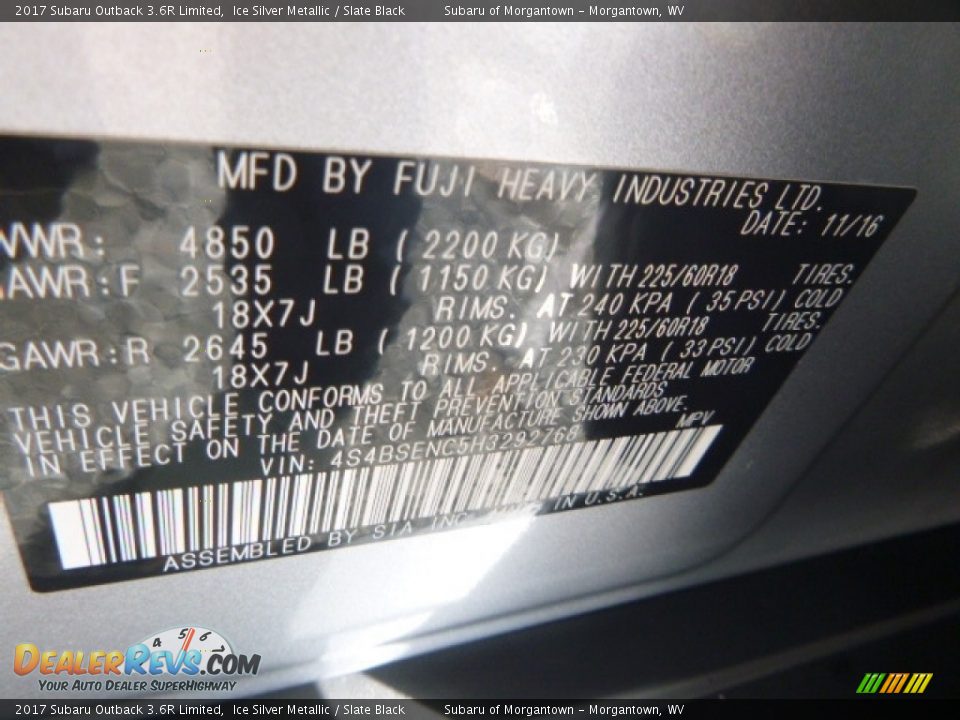 2017 Subaru Outback 3.6R Limited Ice Silver Metallic / Slate Black Photo #16