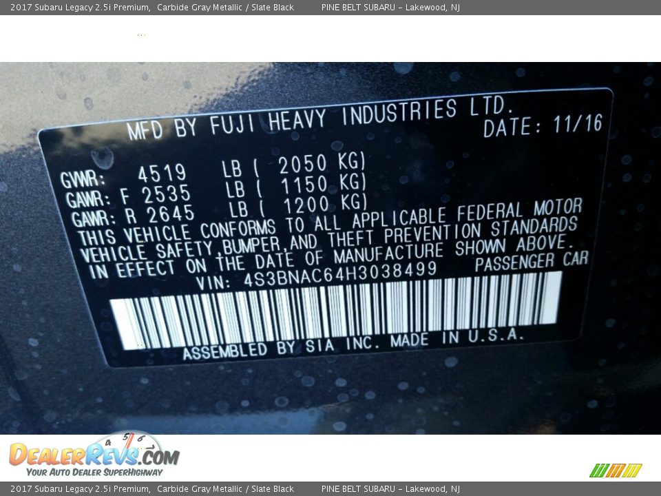 2017 Subaru Legacy 2.5i Premium Carbide Gray Metallic / Slate Black Photo #10