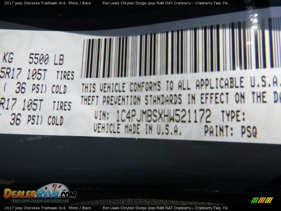 2017 Jeep Cherokee Trailhawk 4x4 Rhino / Black Photo #14