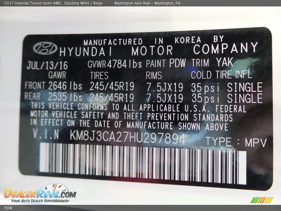 Hyundai Color Code PDW Dazzling White